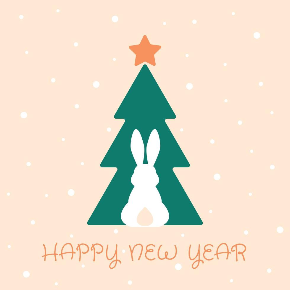 tarjeta de felicitación de feliz año nuevo, afiche, con una linda y dulce silueta de conejito en el fondo del árbol de Navidad vector