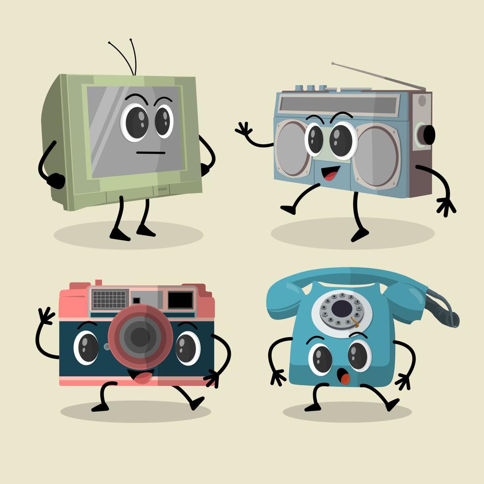 set of cute vintage electronic character vector