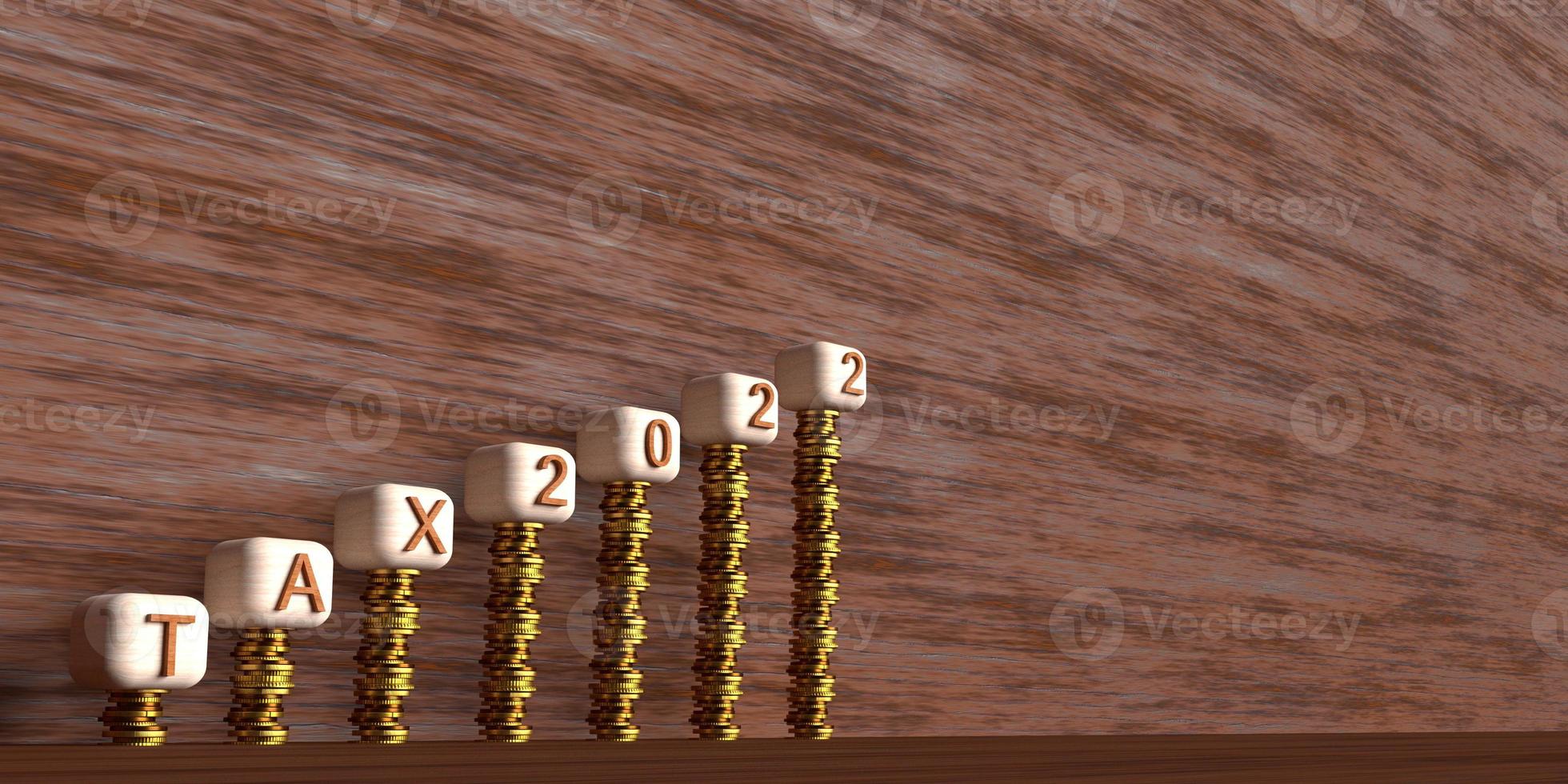 Block wooden cube background wallpaper decoration symbol Tax day 2022 font economy investment accounting refund currency refund payment financial business money commercial deposit schedule.3d render photo