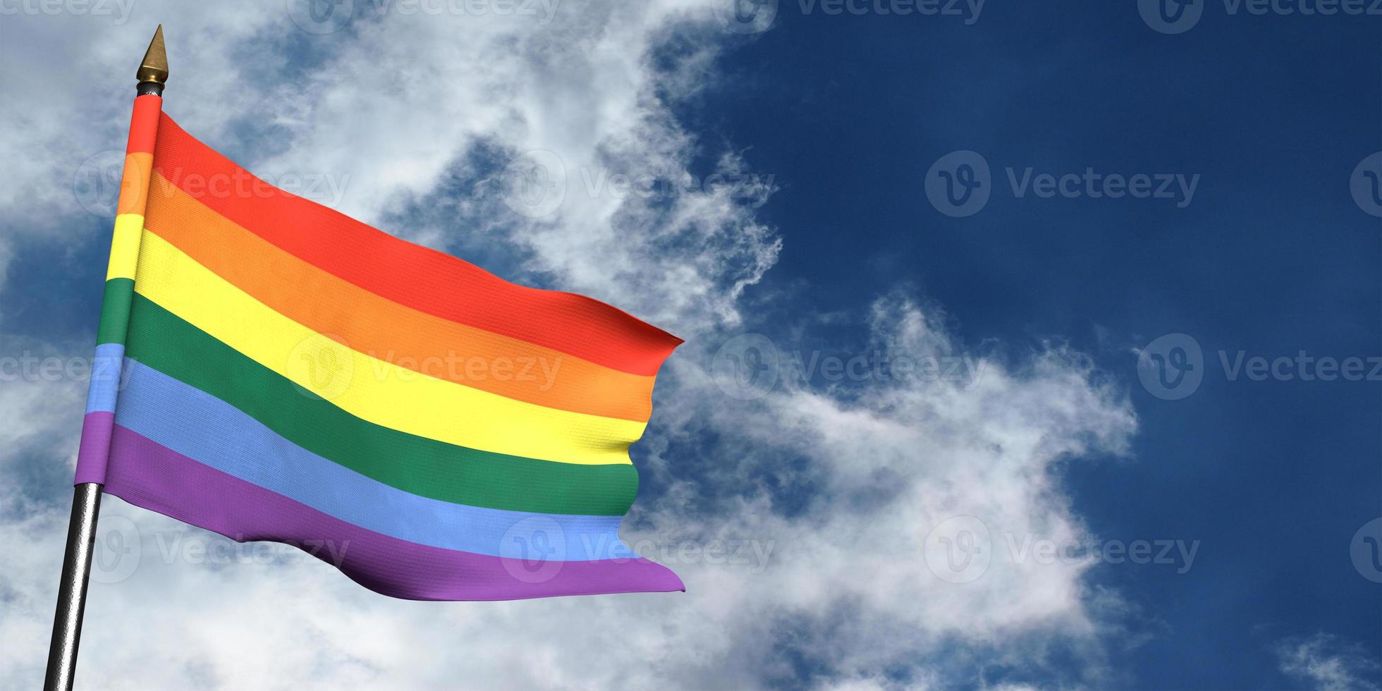 Gay lesbian lgbtq pride red orange yellow green blue violet purple pink colorful rainbow flag on the bluesky cloudy background wallpaper copyspace symbol homosexuality freedom relation.3d render photo