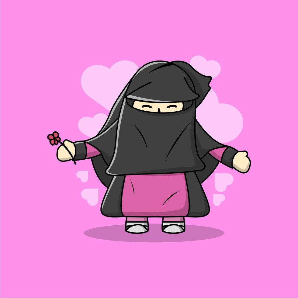 cute veiled chibi hijab set with pink background vector