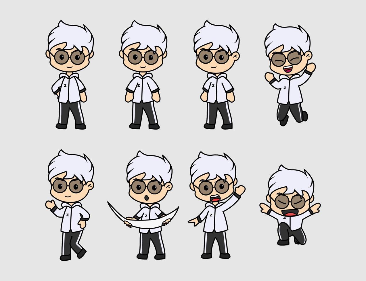 cute white jacket bespectacled boy design set vector