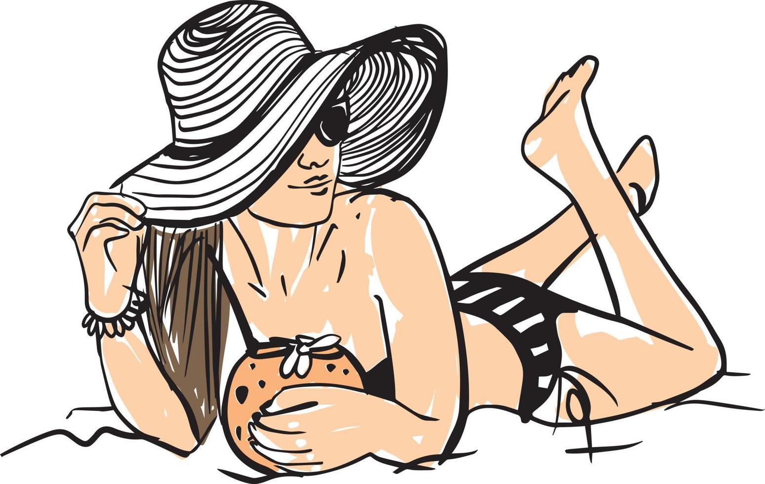 Summer illustration with a silhouette of girl in a swimsuit on the beach. vector