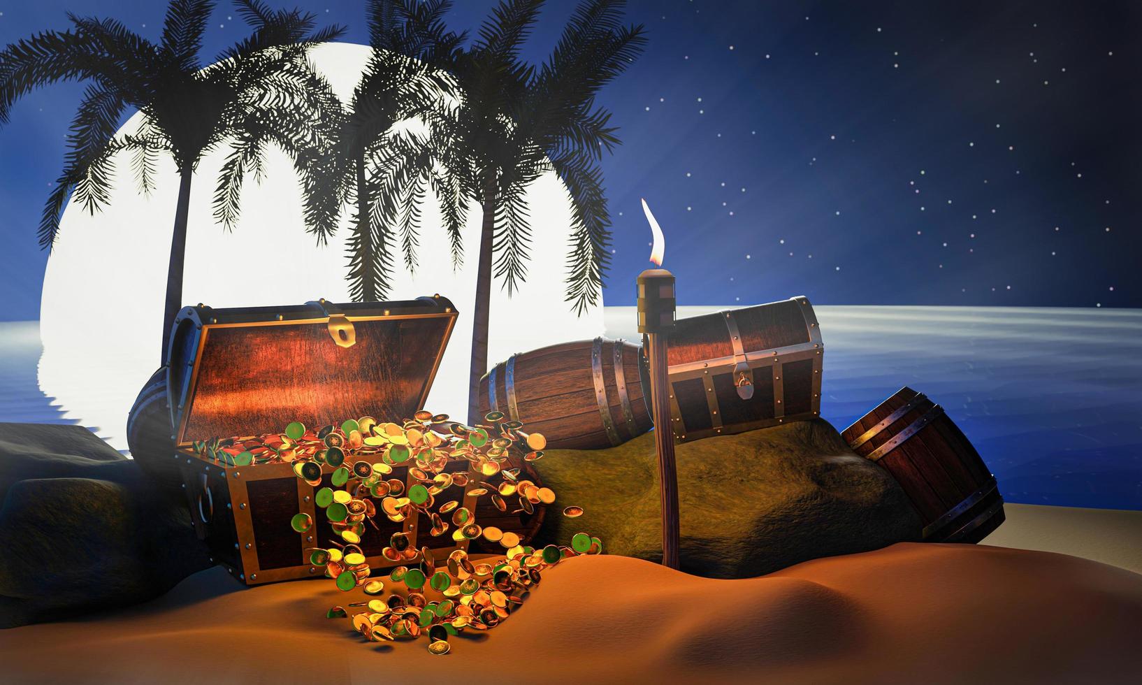 Gold coins are scattered from boxes or treasure chests. wooden treasure chest put on the beach in full moon night at a deserted island in the theme of Pirate treasure. 3D rendering photo