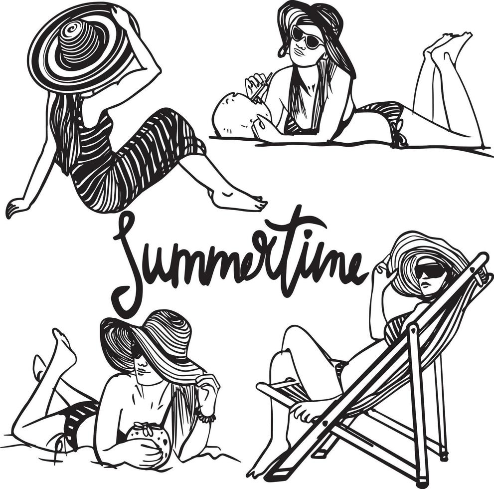 Summer illustration with a silhouette of girls vector