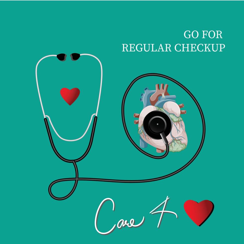 Go for Regular Check Up Banner for medical promotions with stethoscope, heart with calligraphy writing cure four heart as cure 4 heart symbol for banner, social media, presentation and doctor refer. vector