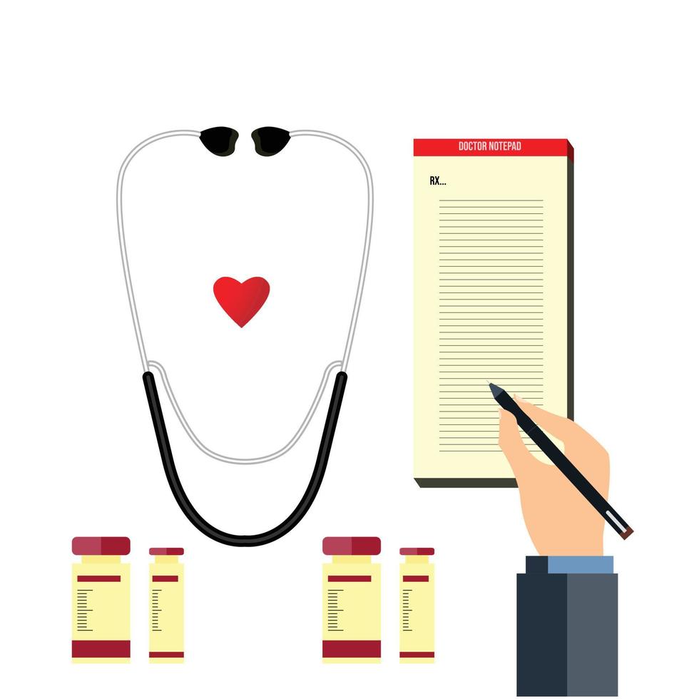 Medical report with stethoscope with heart, syringe, injection and pen. Flat style illustration for website banners, presentation, medical, clinic promotional banners, patient treatment, vector