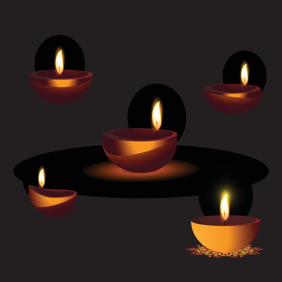 Set of 3D lamps with flame for indian festival Diwali on dark background vector