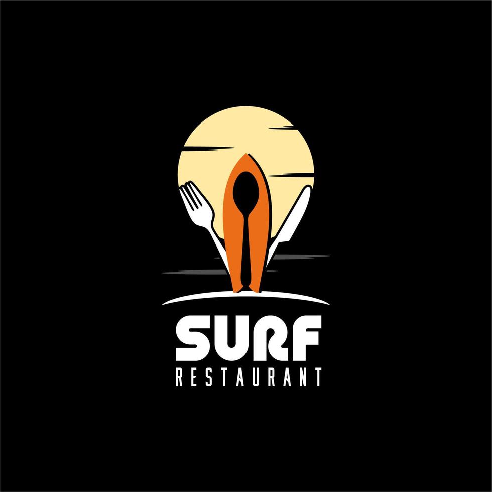 Sun, cutlery, and Surf Board for Beach Restaurant logo design vector