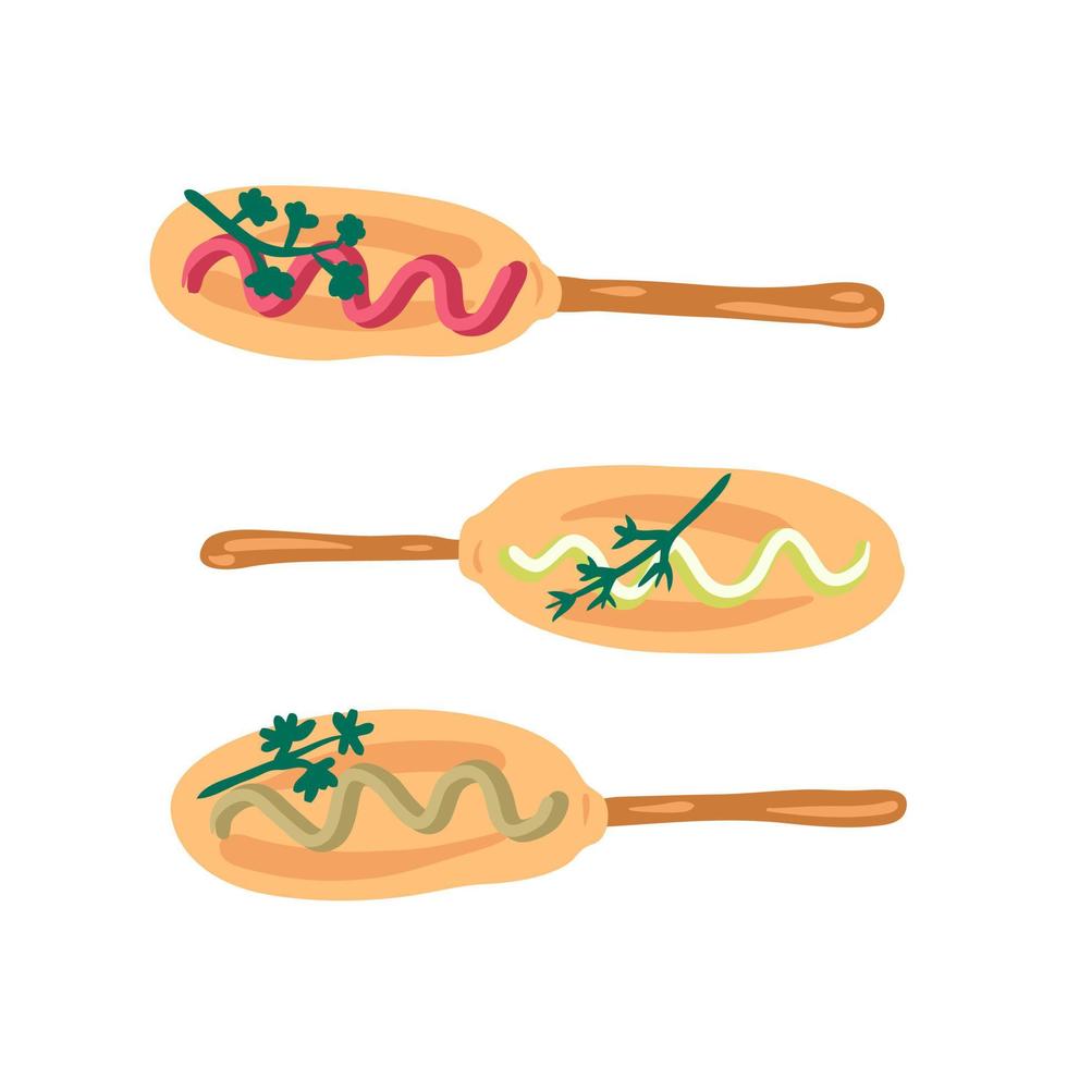 Food pattern with fried corndogs and greenery in flat style. vector