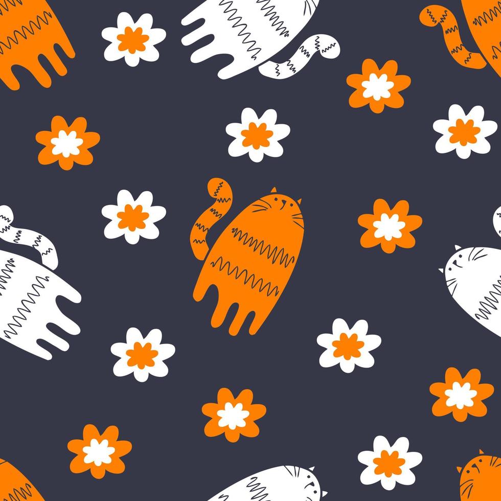 Dark summer seamless pattern with tigers and flowers. vector