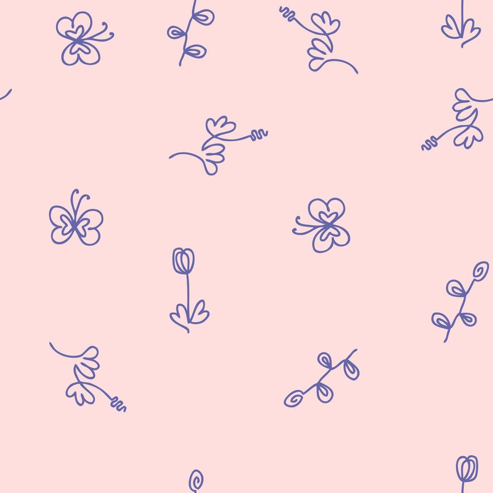 Single line drawn seamless pattern with flowers and butterflies. vector