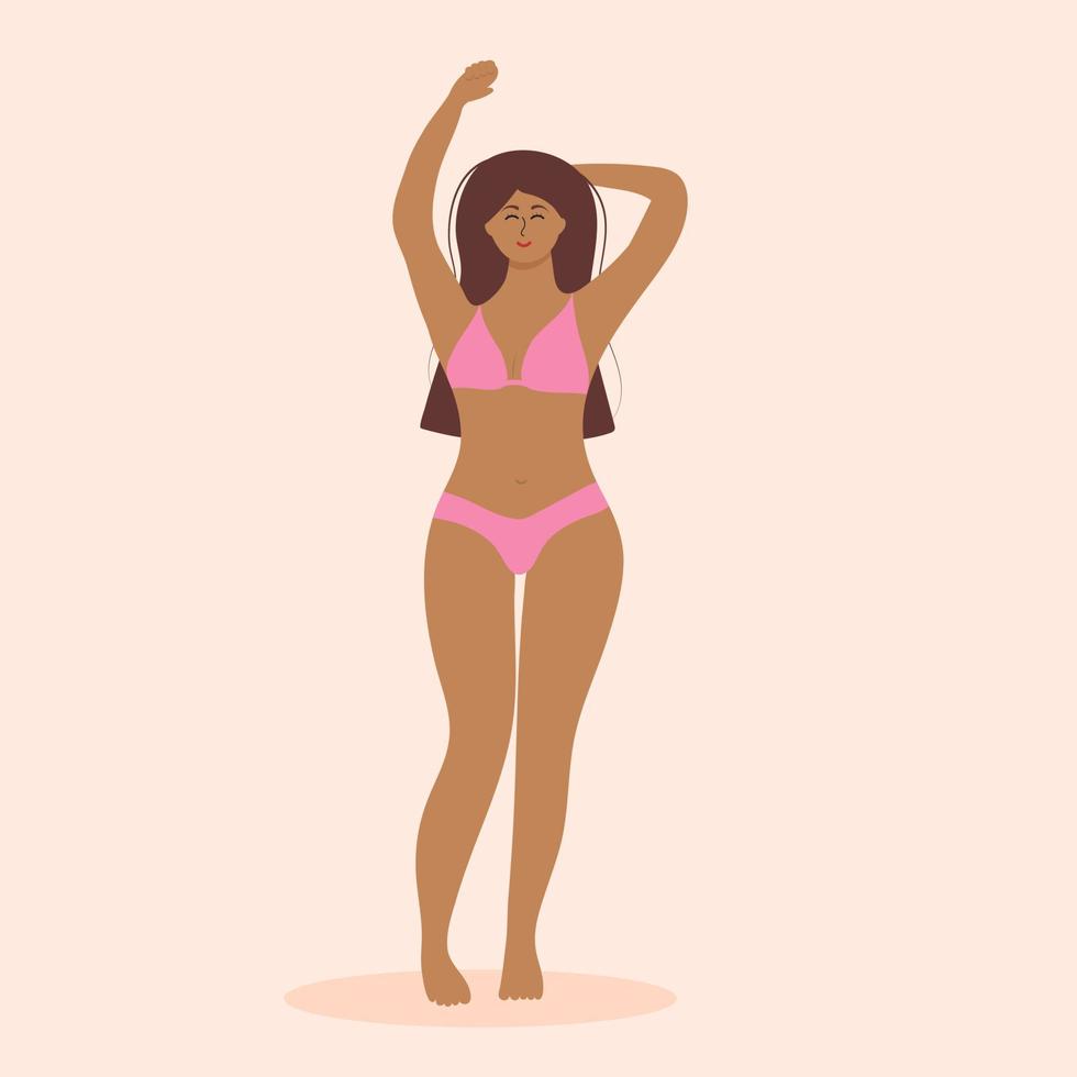 Hand drawn plus size woman in a nude swimsuit. Plump girl posing