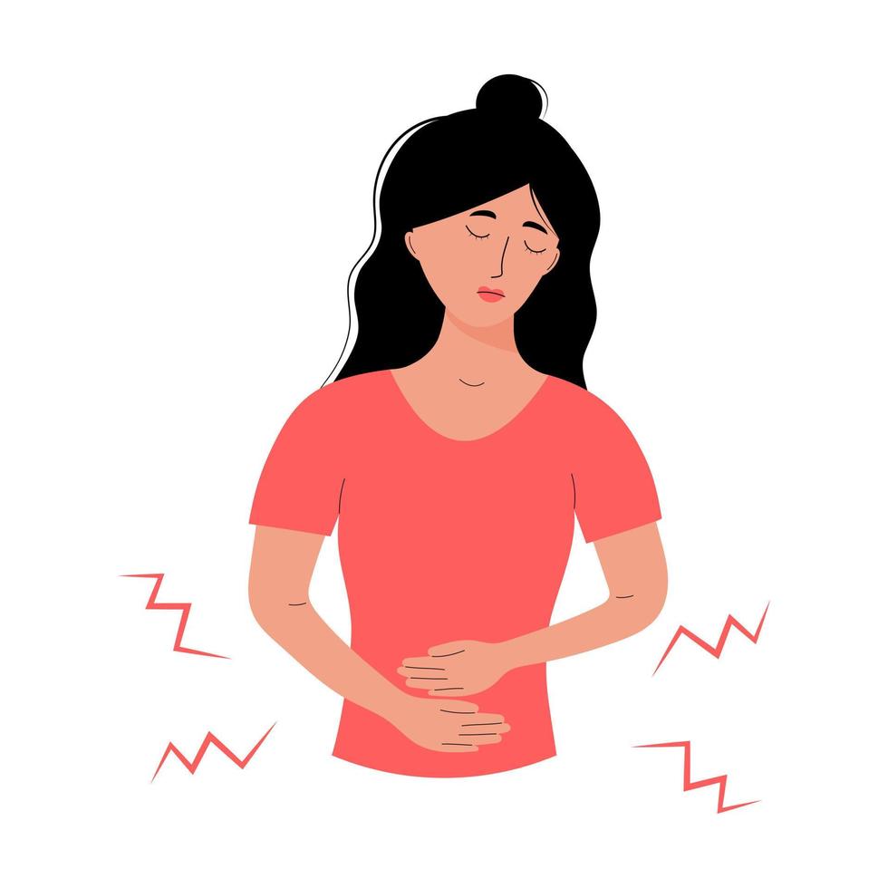 Woman with abdominal pain. Painful menstruation, appendicitis, premenstrual syndrome, menstrual cramps, diarrhea or constipation. vector