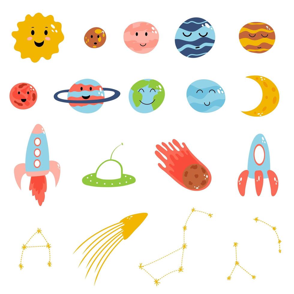 elementos espaciales en estilo infantil plano de dibujos animados. ilustración vectorial de planetas, cohetes, meteoritos, constelaciones sobre fondo blanco para ropa de bebé, diseño textil y de productos, papel tapiz vector