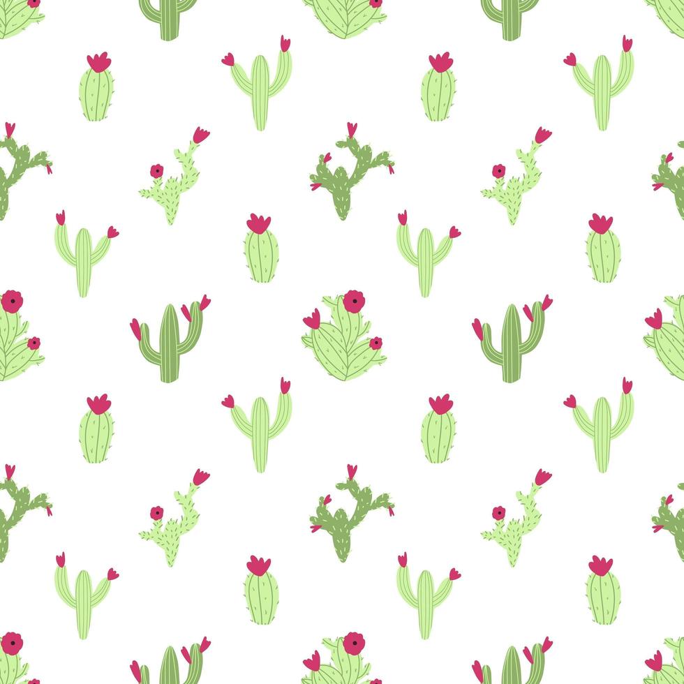 Vector seamless cactus pattern on white background. Cute childish illustration in cartoon flat style with colorful cacti and flowers