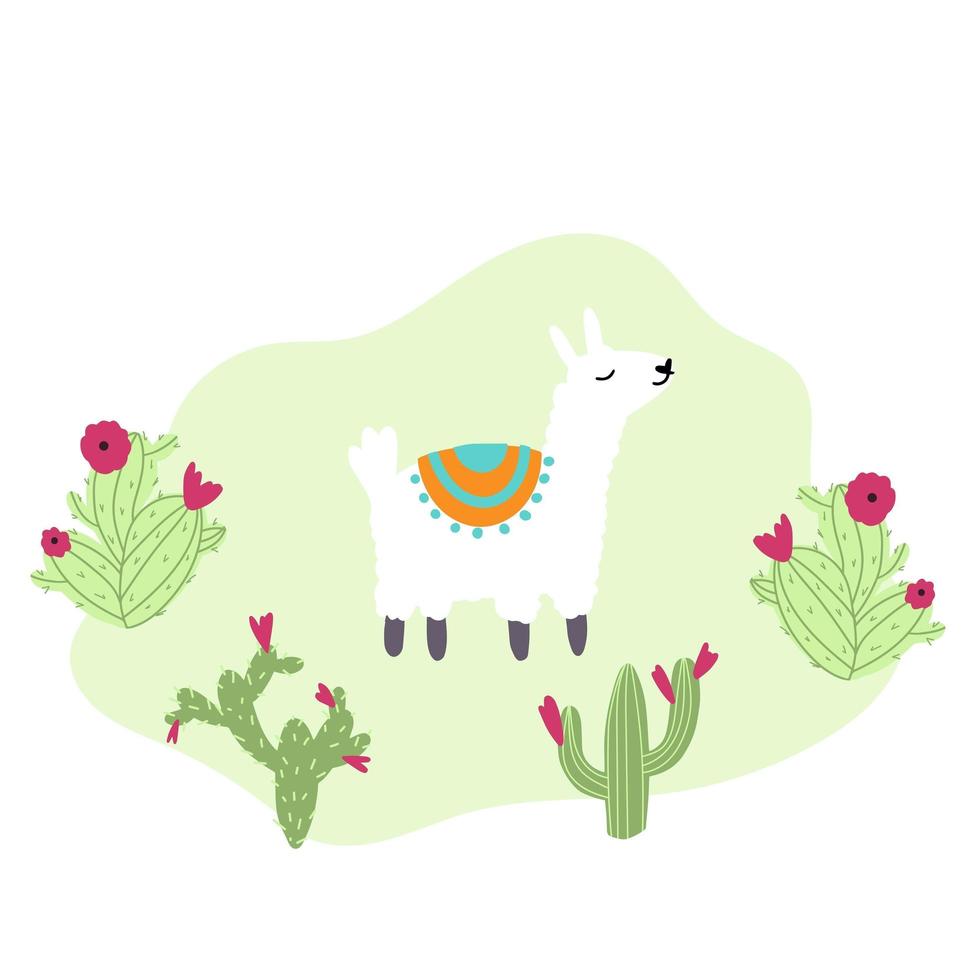 Vector cute lama with cactus in cartoon hand drawn childish style. Funny animal character for nursery, baby apparel, textile and product design, wallpaper, wrapping paper, card, scrapbooking