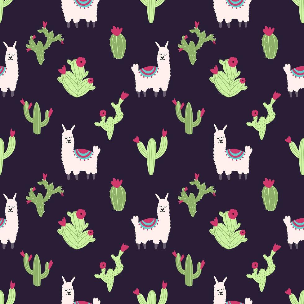 Lama alpaca seamless pattern with cactus. Vector illustration of nursery characters in cartoon hand drawn doodle childish style for baby apparel, textile and product design, wallpaper