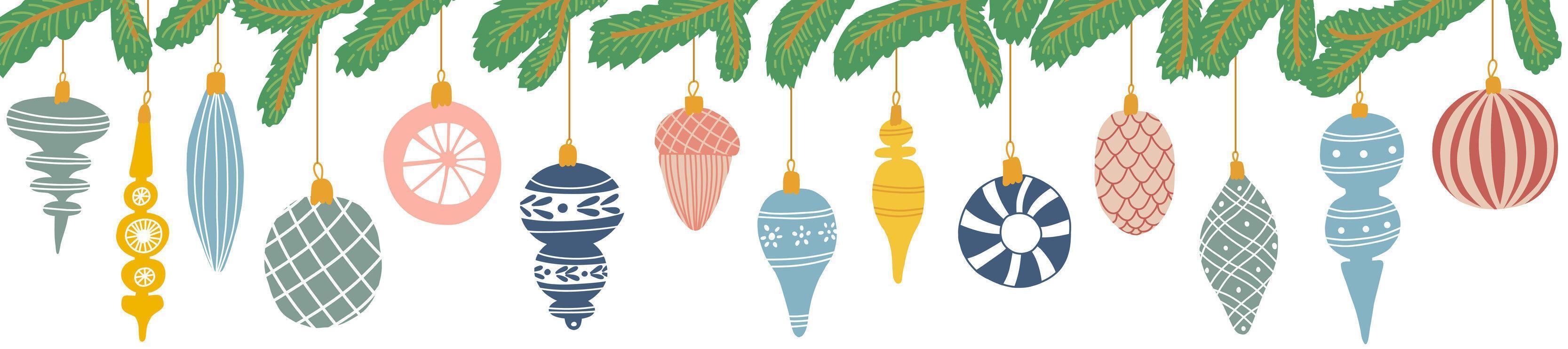 Christmas ornaments and fir tree in cartoon style. Spruce branch with decorative colorful balls vector