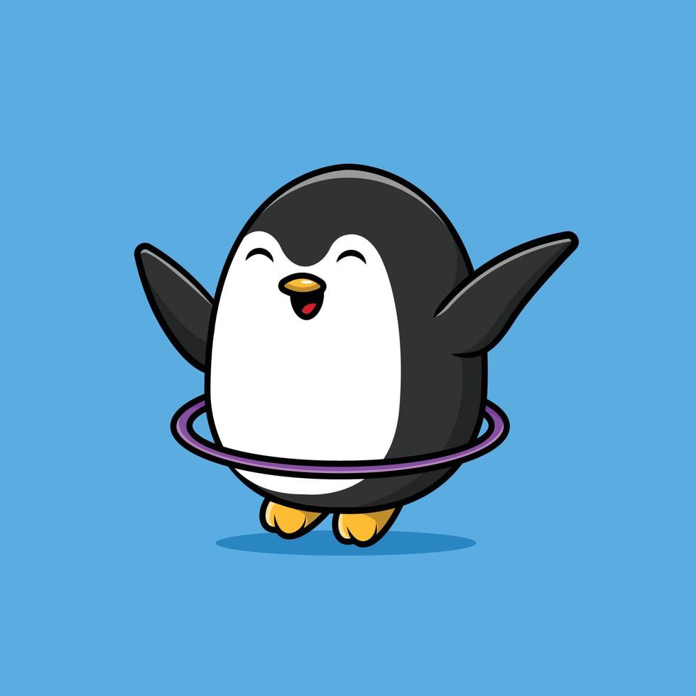 Cute Penguin Playing Hulahoop Cartoon Vector Icon Illustration. Animal Sport Icon Concept Isolated Premium Vector. Flat Cartoon Style