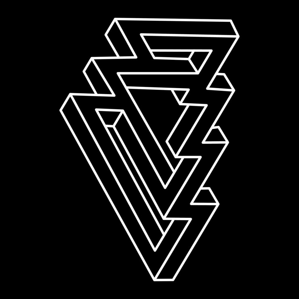 Impossible shapes. Sacred geometry. Optical illusion. Abstract eternal geometric object. Impossible endless outline figure. Optical art. Impossible geometry symbol on a black background. Line art. vector
