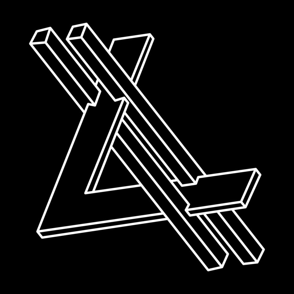 Impossible shapes. Sacred geometry figures. Optical illusion. Abstract eternal geometric objects. Impossible endless outline shapes. Op art. Impossible geometry shape on a black background. Line art. vector