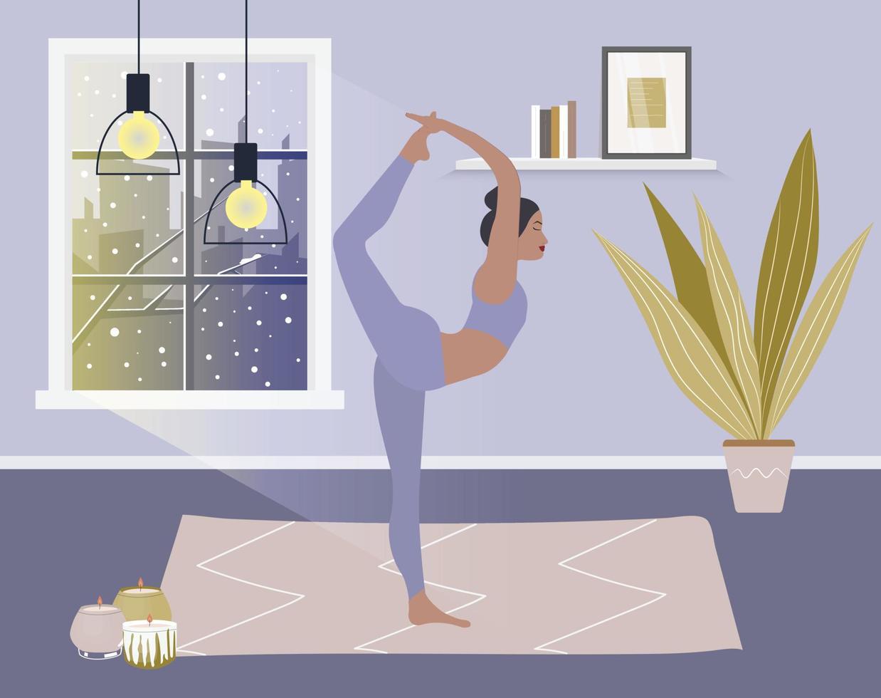 Stay home concept. Girl practicing yoga, meditation. Woman doing exercise in cozy modern interior. vector