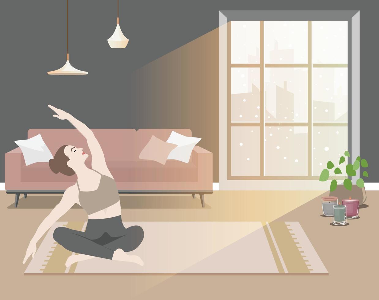 quedarse en casa concepto. chica practicando yoga, meditación. mujer haciendo ejercicio en un acogedor interior moderno. vector