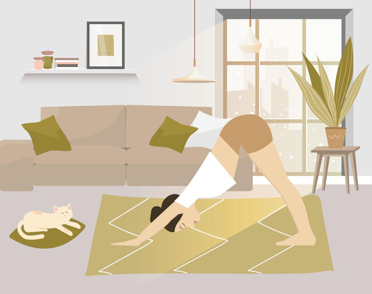 quedarse en casa concepto. chica practicando yoga, meditación. mujer haciendo ejercicio en un acogedor interior moderno. vector