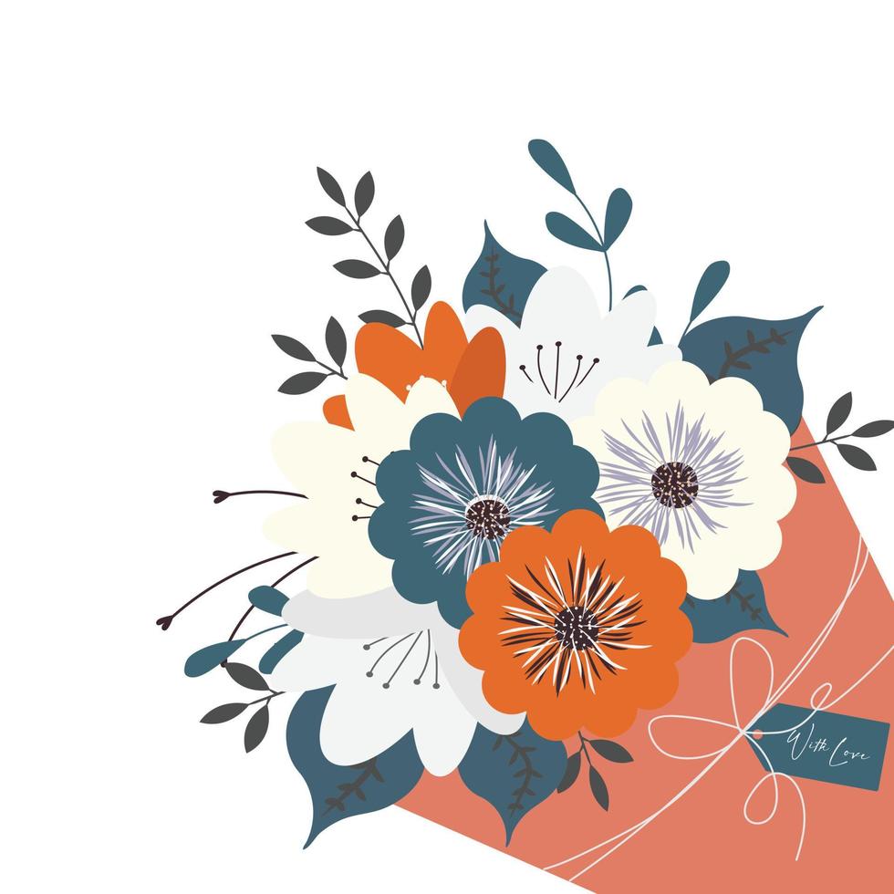 Colorful bouquet on isolated white background. Beautiful bunch of spring flowers with long leaves inside bouquet. Vector illustration flat style