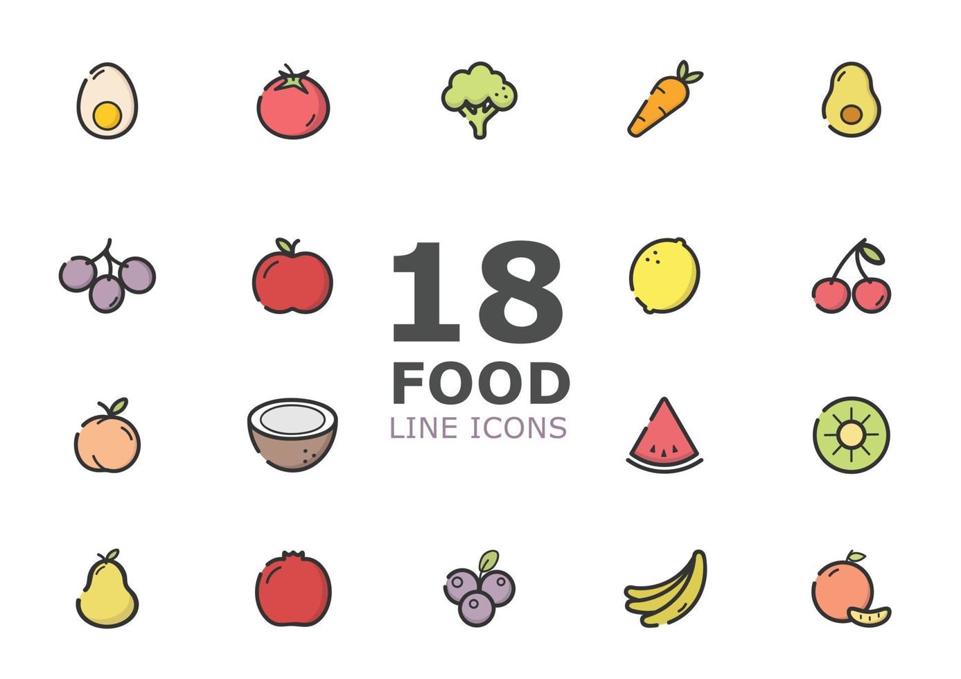 Set of colorful fruit and vegetables icons isolated on light background. vector