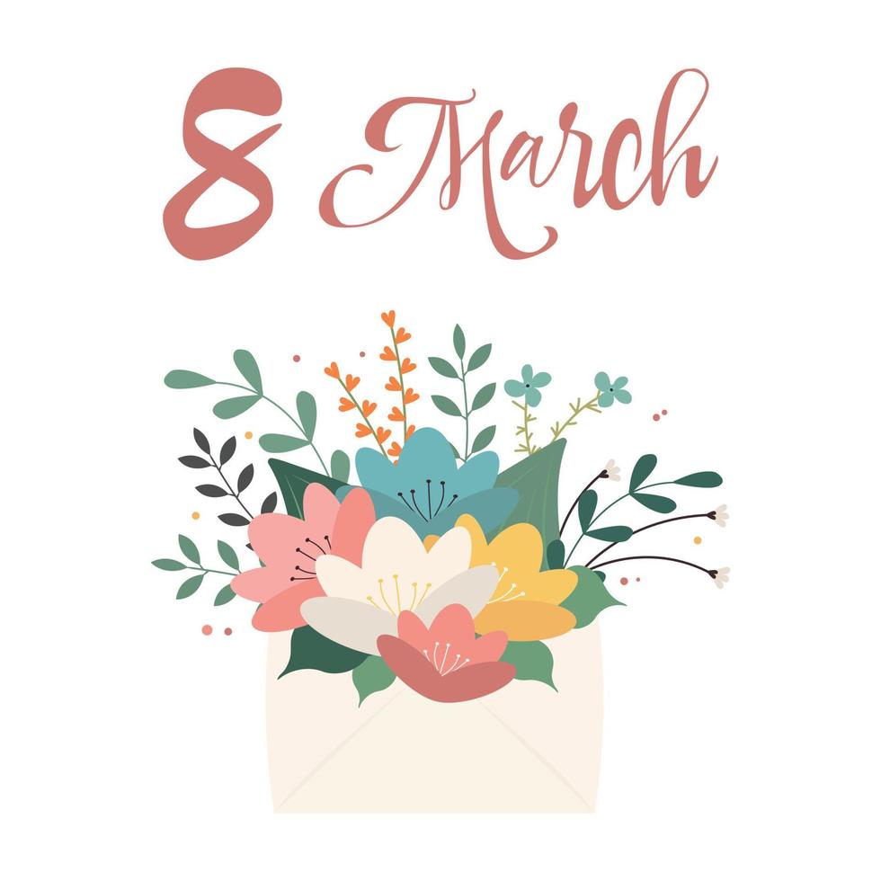 tarjeta de felicitación del día de la mujer feliz. postal el 8 de marzo. texto con flores. vector