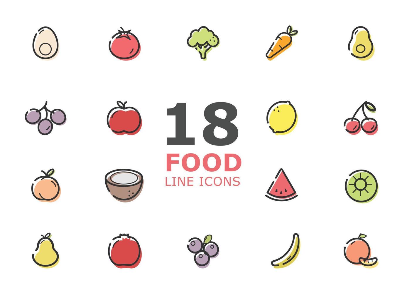 Set of colorful fruit and vegetables icons isolated on light background. vector