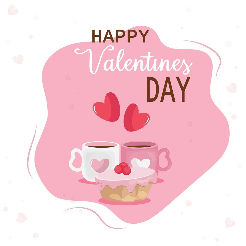 Valentine's Day card. Illustration of two pink mugs with cake. vector