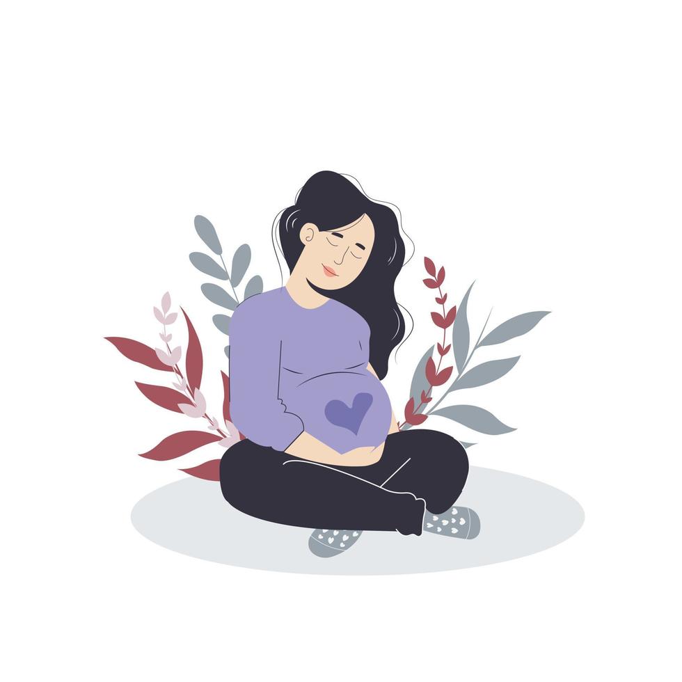 Cute pregnant woman with long hair. The concept of pregnancy, motherhood, family. Flat design with copy space. Happy mum. vector