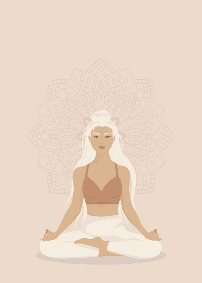 Young woman sits with cross-legged on the floor and meditates with closed eyes. Girl makes morning yoga, relaxes at home or breathing exercises. Body positive and health care concept. Vector