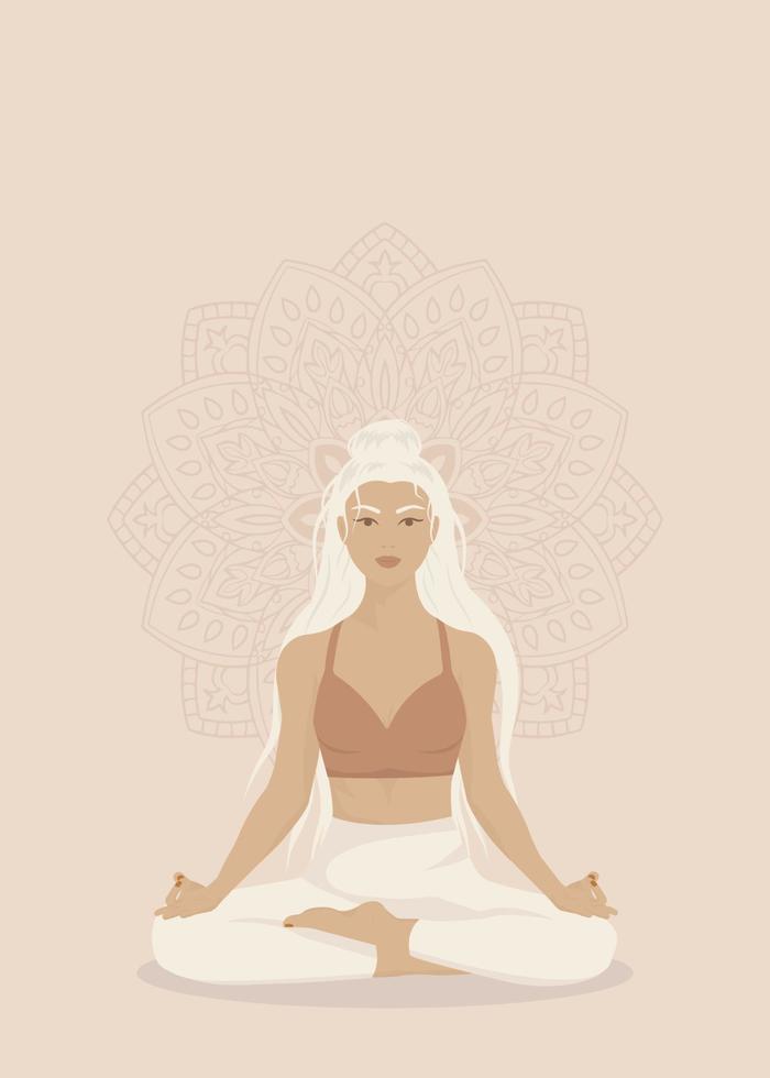 Young woman sits with cross-legged on the floor and meditates with closed eyes. Girl makes morning yoga, relaxes at home or breathing exercises. Body positive and health care concept. Vector