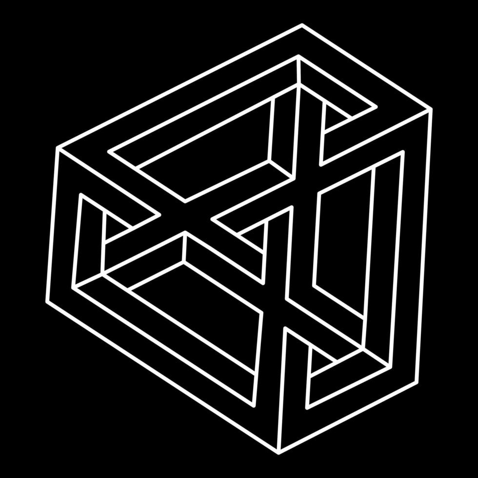 Impossible shape. Sacred geometry. Optical illusion. Abstract eternal geometric object. Impossible endless outline. Op art. Impossible geometry symbol on a black background. Line art. Geometric figure vector