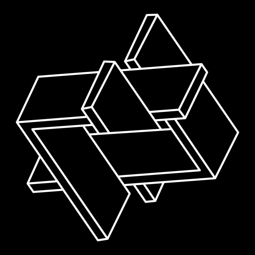 Impossible shape. Sacred geometry. Optical illusion figures. Abstract eternal geometric object. Impossible endless outline. Line art. Optical art. Impossible geometry shape on a black background. vector