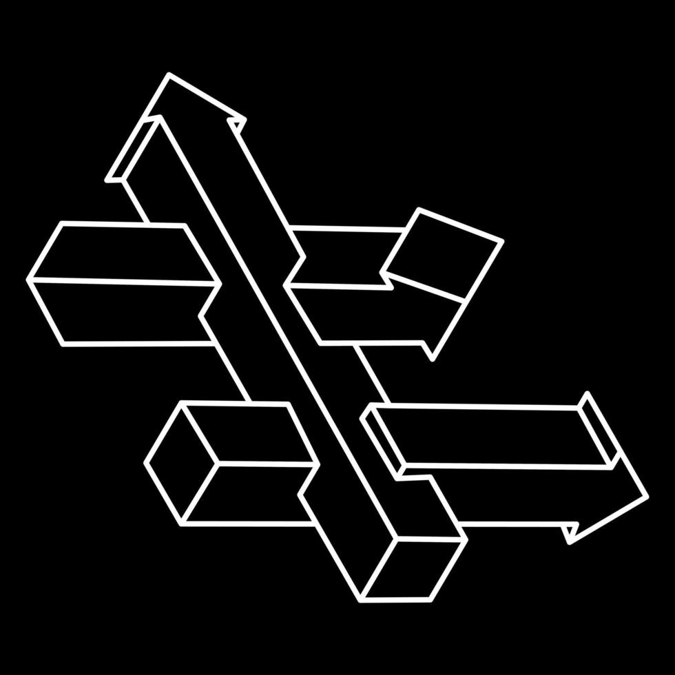 Impossible shapes. Sacred geometry. Optical illusion. Abstract eternal geometric object. Impossible endless outline arrows. Optical art. Impossible geometry symbol on a black background. Line art. vector