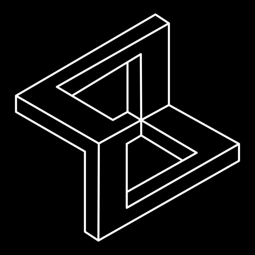 Impossible shapes. Sacred geometry. Optical illusion. Abstract eternal geometric object. Impossible endless outline. Op art. Impossible geometry symbol on a black background. Line art. vector