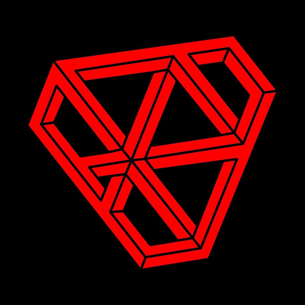 Impossible shapes. Sacred geometry figure. Optical illusion. Abstract eternal geometric objects. Impossible endless outline. Modern logo. Impossible geometry object on a black background. Optical art. vector