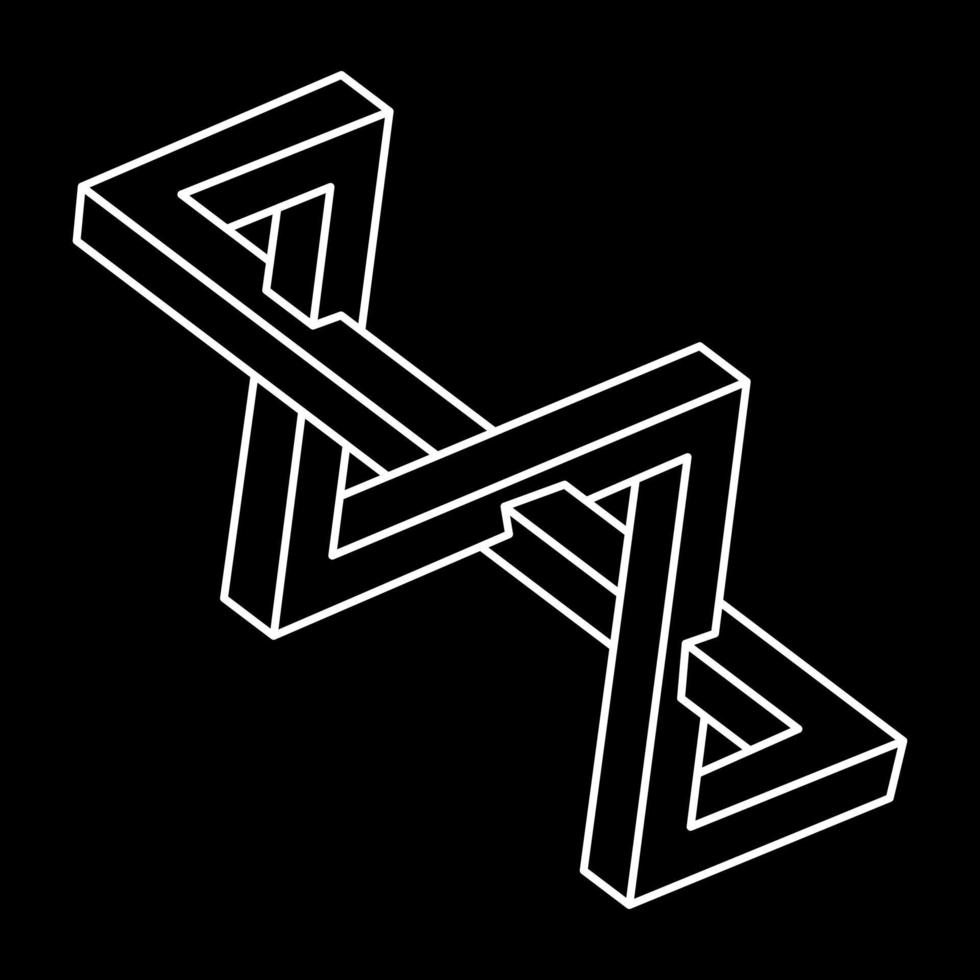 Impossible shape. Sacred geometry. Optical illusion. Abstract eternal geometric object. Impossible endless outline. Op art. Impossible geometry symbol on a black background. Line art. vector