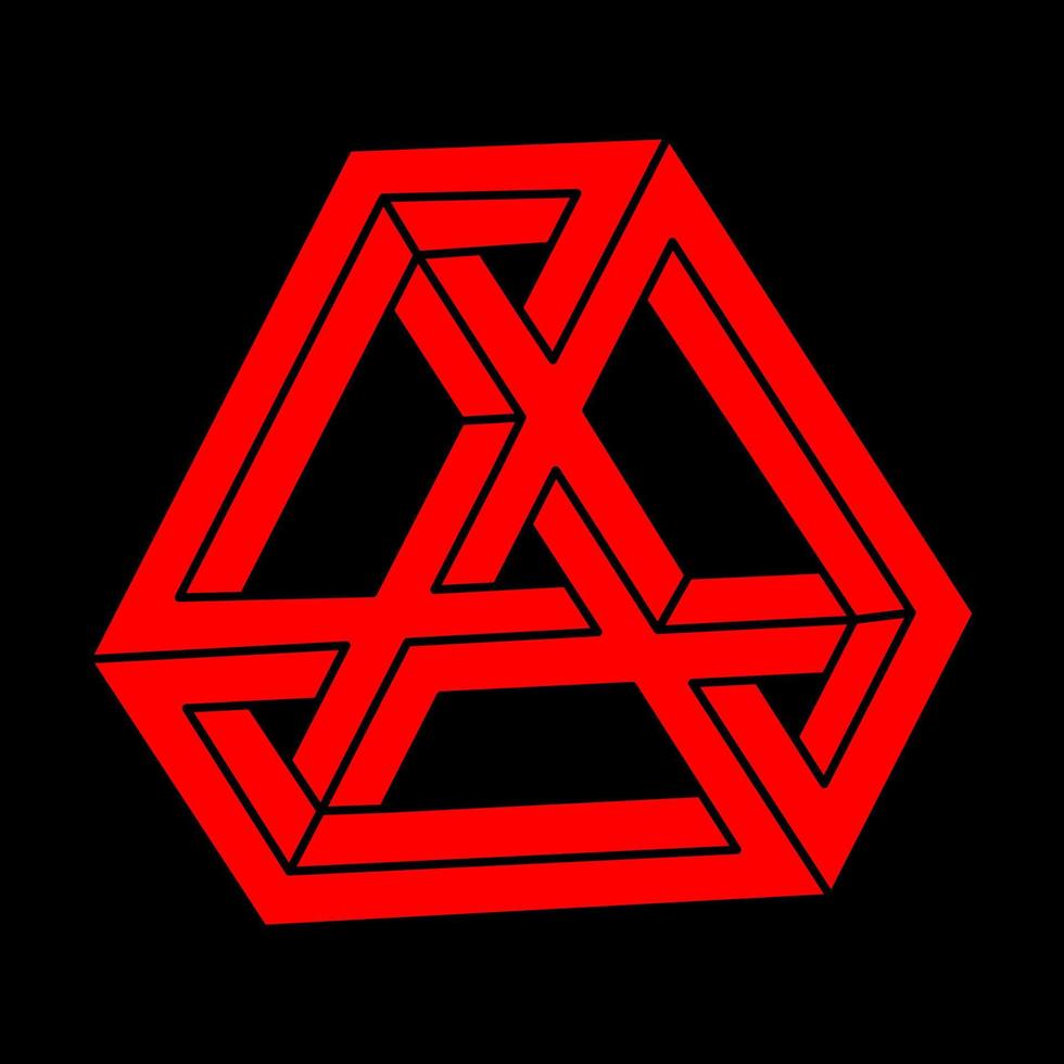 Impossible shape. Modern logo. Sacred geometry. Optical illusion figures. Abstract eternal geometric object. Impossible endless outline shapes. Op art. Impossible geometry shape on a black background. vector