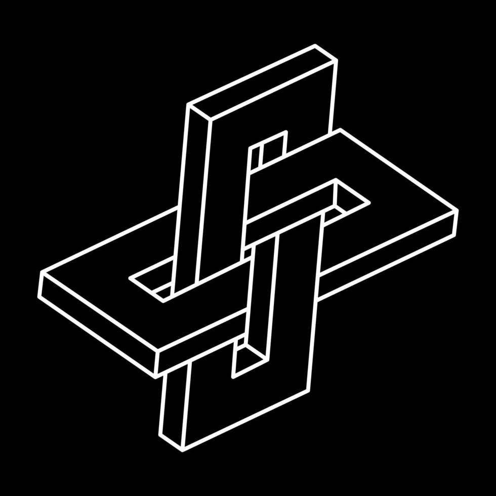 Impossible shape. Sacred geometry figures. Optical illusion. Abstract eternal geometric object. Impossible endless outline. Optical art. Impossible geometry symbol on a black background. Line art. vector