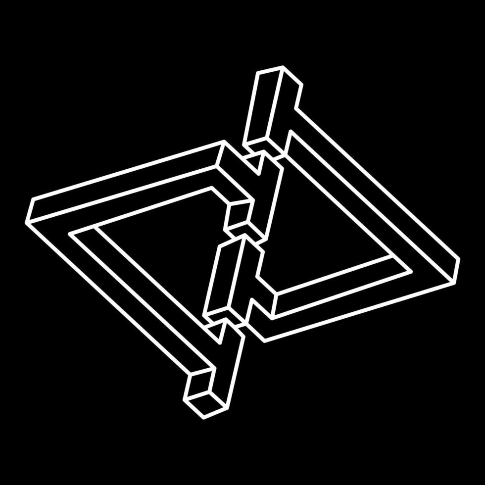 Impossible shapes. Sacred geometry. Optical illusion. Abstract eternal geometric object. Impossible endless outline. Op art. Impossible geometry symbol on a black background. Line art. vector