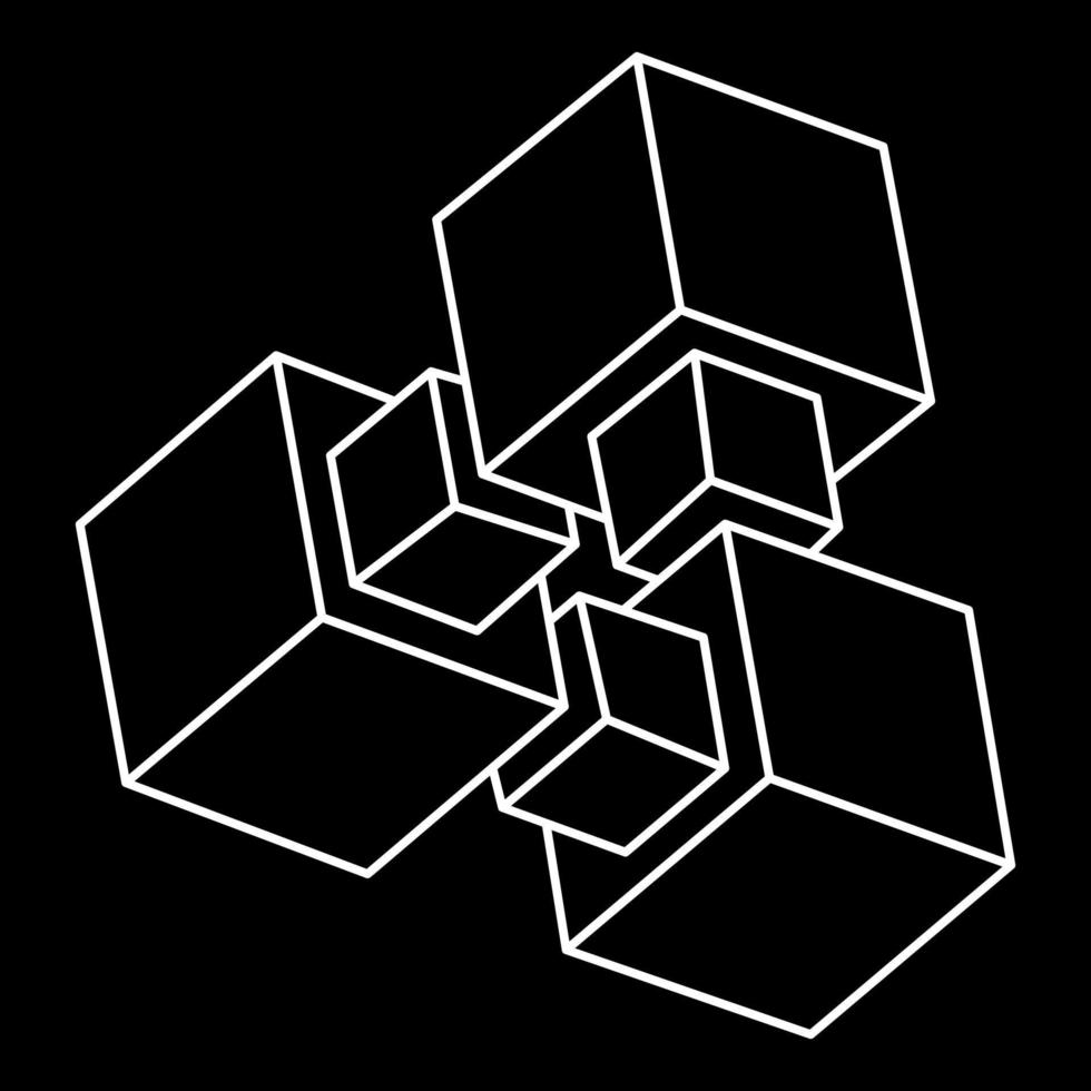 Impossible shape. Sacred geometry. Optical illusion. Abstract eternal geometric object. Impossible endless outline. Op art. Impossible geometry symbol on a black background. Line art. vector