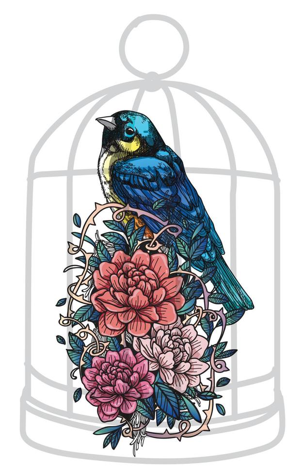 Tattoo art sketch bird flowers in a cage vector