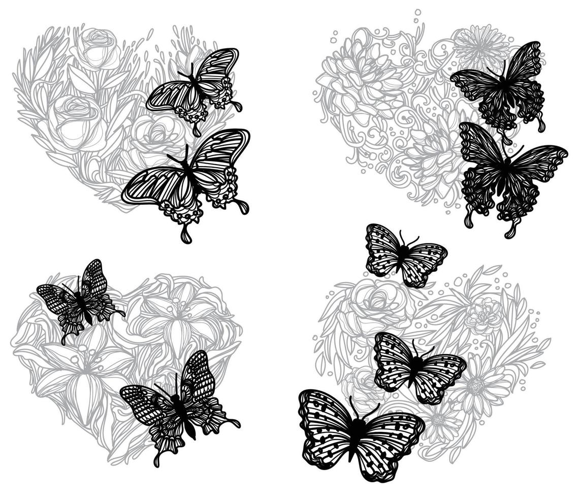 conjunto de arte del tatuaje boceto de mariposa en blanco y negro vector