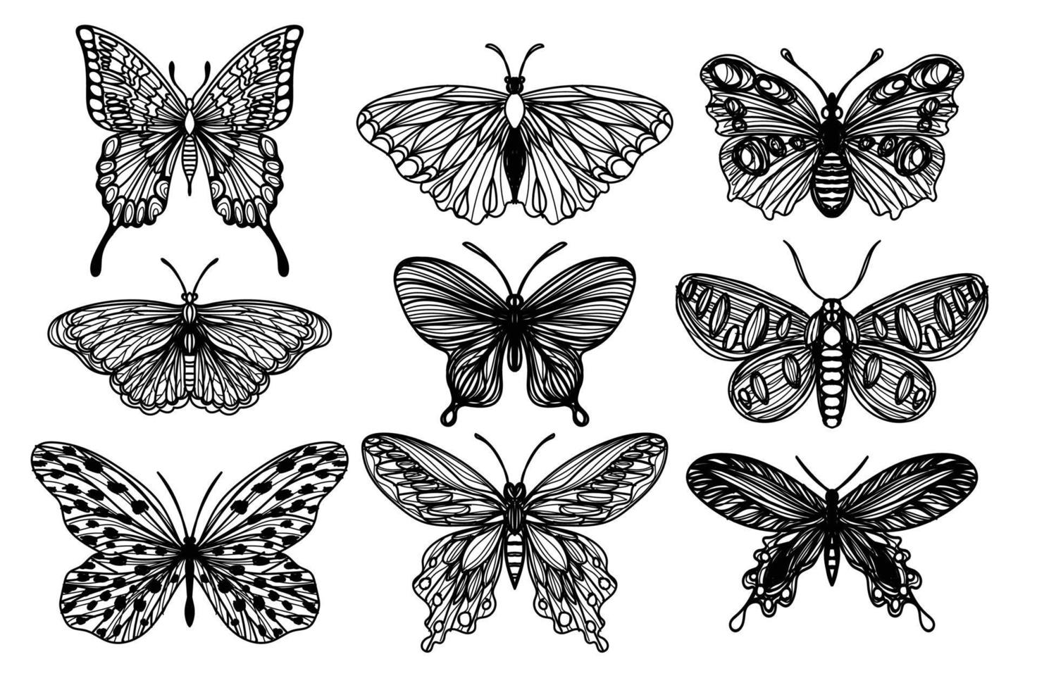 conjunto de arte del tatuaje boceto de mariposa en blanco y negro vector